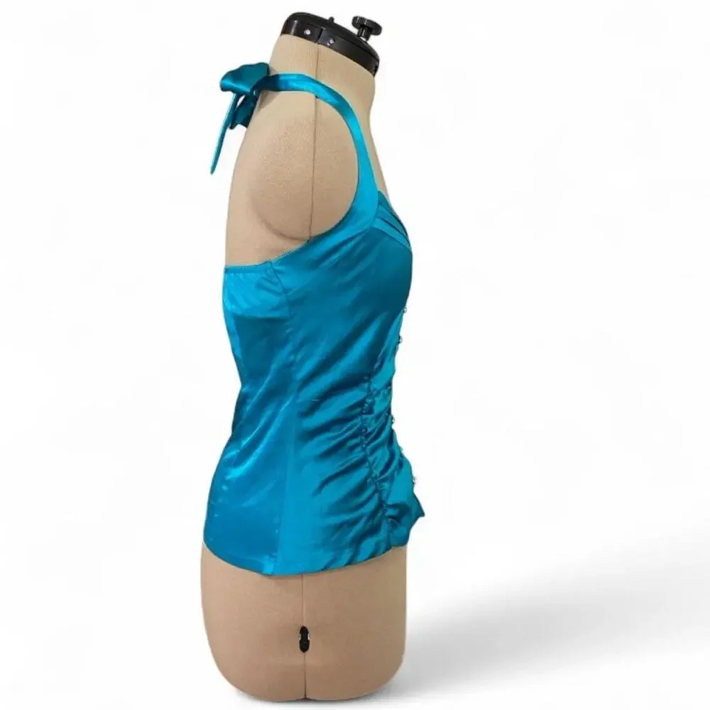Y2K NWT Poetry blue halter top with button front and ruched details, size M.